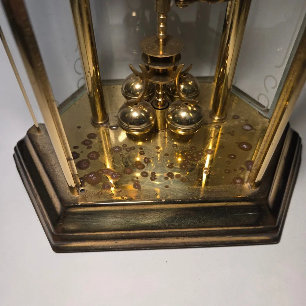 VTG Bulova Anniversary Clock Glass Gold Brass Rotating Pendulum Quartz‎ GERMANY